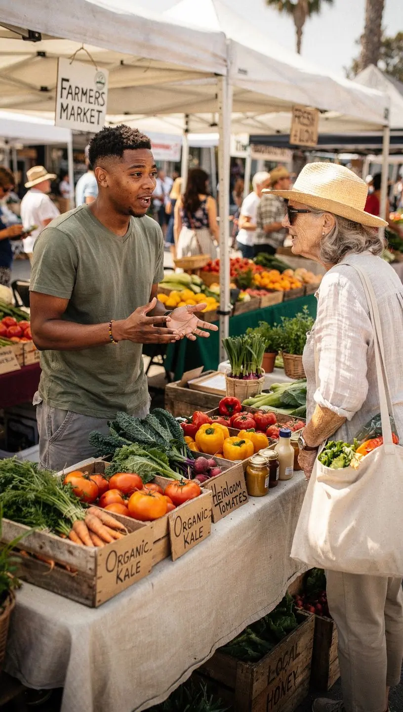 Scenic view of a California neighborhood with residents engaging in outdoor activities and community gardening.